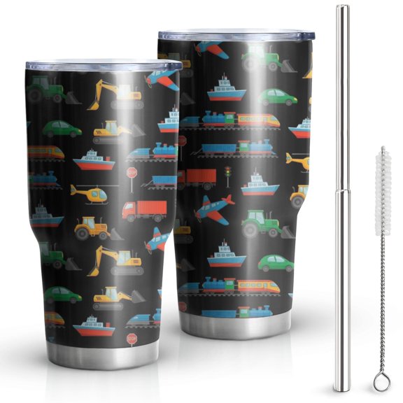 30oz Cartoon Traffic Vehicles Planes Black Pattern Tumblers Stainless Steel Tumbler with Lid and Straw,Vacuum Insulated Double Wall Travel Tumbler Cups Mug with Cleaning Brush for Coffee,Tea
