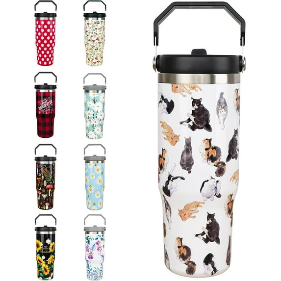 30oz Cat Tumbler with Handle and Straw, Stainless Steel Vacuum Insulated Flip Straw 30 oz Coffee Tumbler, Spill Proof Travel Mug, Cat Decor Gifts for Women