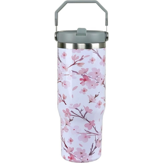 30oz Insulated Cherry Blossom Tumbler with Handle and Flip Straw Lid - Stainless Steel Travel Cup