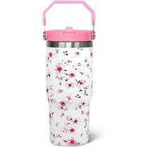 30oz Cherry Blossoms Tumbler with Handle, Flip Lid & Straw - Pink Floral Travel Mug Cup, Insulated Water Bottle Gift for Women, Spring Decor Accessory