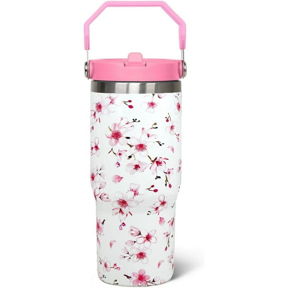30oz Cherry Blossoms Tumbler with Handle, Flip Lid & Straw - Pink Floral Travel Mug Cup, Insulated Water Bottle Gift for Women, Spring Decor Accessory