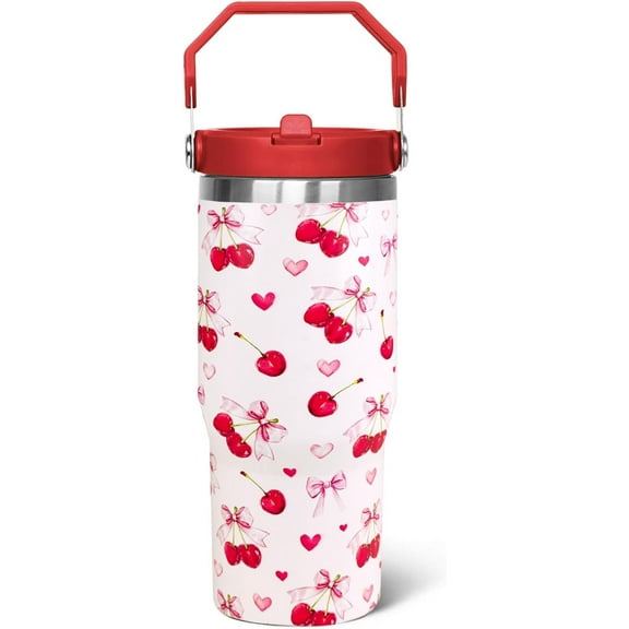 30oz Cherry Flip Tumbler Coffee Travel Mug Cup Water Bottle With Handle,Cherry Gifts for Women Decor Stuff Accessories