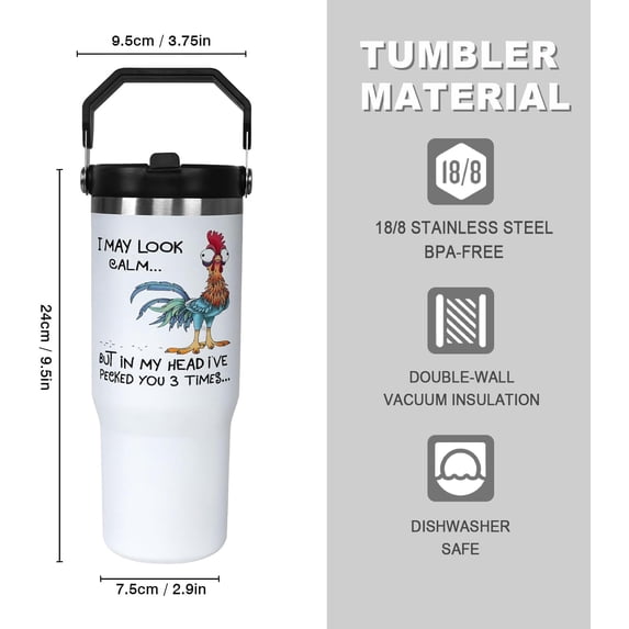 30oz Chicken Bottle Spill Proof Hen Rooster Tumbler with Top Handle and Straw Lid Stainless Steel Double Wall Insulated Tumbler Coffee Mug Gift for Women Men Travel Cup for Car
