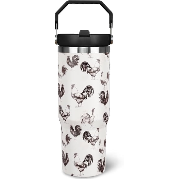 30oz Chicken Rooster Tumbler with Handle & Flip Straw - Insulated Stainless Steel Travel Mug for Coffee & Drinks - Great Gift for Women, Girls, Chicken Lovers