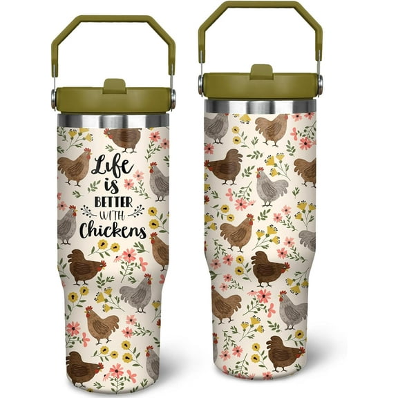30oz Chicken Tumbler with Handle and Straw, Floral Chicken Stainless Steel Vacuum Insulated Flip Straw Coffee Cups Spill Proof Travel Mug, Chicken Rooster Decor Stuff Gifts for Women Chicken Lover