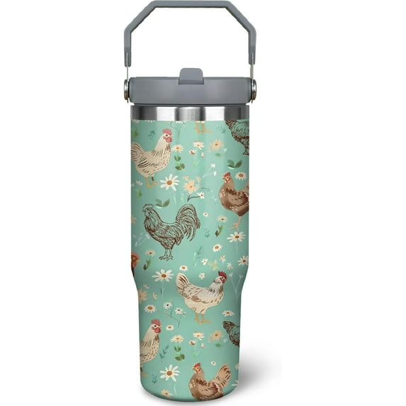30oz Chicken Tumbler with Handle and Straw, Green Chicken Stainless Steel Vacuum Insulated Flip Straw Coffee Cups Spill Proof Travel Mug, Chicken Rooster Decor Stuff Gifts for Women Chicken Lover