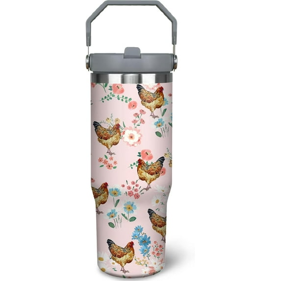 30oz Chicken Tumbler with Handle and Straw, Pink Chicken Stainless Steel Vacuum Insulated Flip Straw Coffee Cups Spill Proof Travel Mug, Chicken Rooster Decor Stuff Gifts for Women Chicken Lover