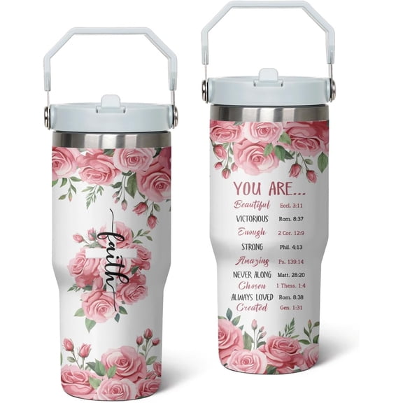 30oz Christian Women''s Cup with Handle, Christian Water Cup, Self-care Gift, Christian Faith Portable Cup, Travel Faith Cup with Straw Lid, Coffee Cup(Flower, 30oz)