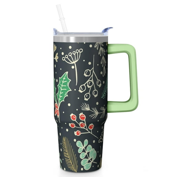 30oz Christmas Ornaments Tumbler with Lid and Straw, Stainless Steel Cup with Handle Plaid Travel Coffee Mug, Holiday Gifts