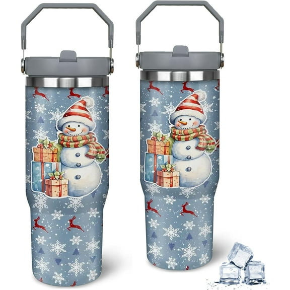 30oz Christmas Snowman Tumbler - Insulated Travel Mug with Lid, Straw, Handle, Ideal for Holiday Gifts, Hand Wash Only