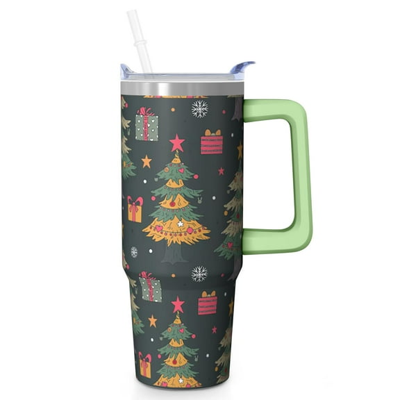30oz Christmas Tree Tumbler with Lid and Straw, Stainless Steel Cup with Handle Snowflakes Travel Coffee Mug, Xmas Gifts