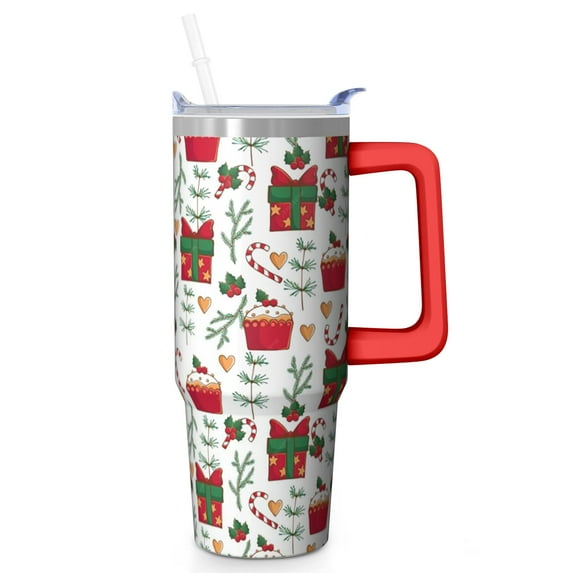 30oz Christmas Tumbler with Lid and Straw, Stainless Steel Cup with Handle Plaid Travel Mug, Christmas Presents