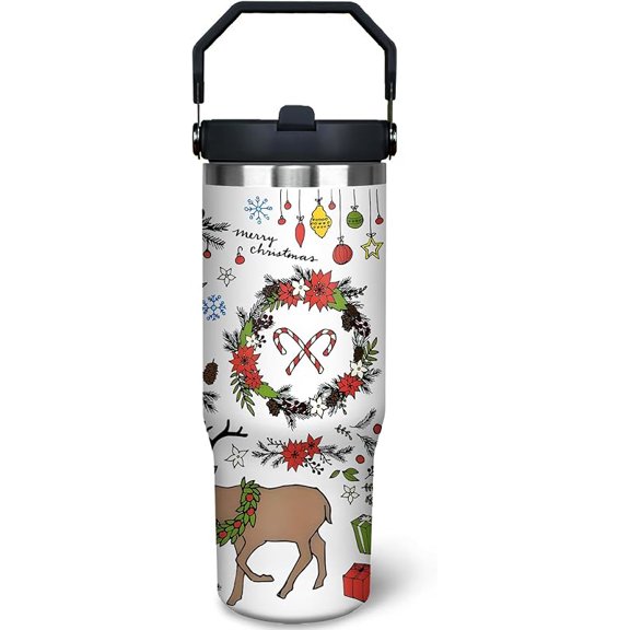 30oz Christmas Tumbler with Top Handle and Straw, Stainless Steel Insulated Gohst Pumpkin Cup Halloween  Santa Claus for Women Men