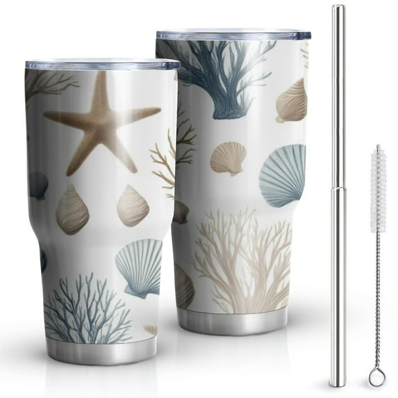 30oz Coastal Coral Starfish Tumblers Stainless Steel Tumbler with Lid and Straw,Vacuum Insulated Double Wall Travel Tumbler Cups Mug with Cleaning Brush for Coffee,Tea
