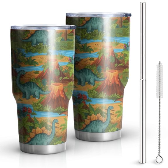 30oz Colorful Dinosaurs River Volcanoes Pattern Tumblers Stainless Steel Tumbler with Lid and Straw,Vacuum Insulated Double Wall Travel Tumbler Cups Mug with Cleaning Brush for Coffee,Tea