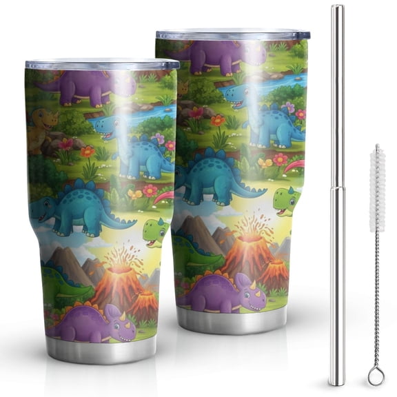 30oz Colorful Dinosaurs Volcano Pattern Tumblers Stainless Steel Tumbler with Lid and Straw,Vacuum Insulated Double Wall Travel Tumbler Cups Mug with Cleaning Brush for Coffee,Tea