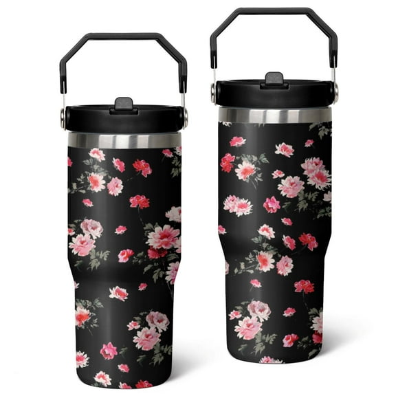 30oz Colorful Floral Stainless Steel Tumbler with Top Handle,Pioneer Travel Coffee Mug Flip Straw Cup,Gifts for Women Girls Men Adults(black)
