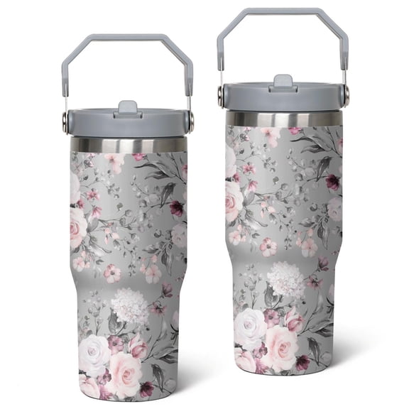30oz Colorful Floral Stainless Steel Tumbler with Top Handle,Pioneer Travel Coffee Mug Flip Straw Cup,Gifts for Women Girls Men Adults(grey)