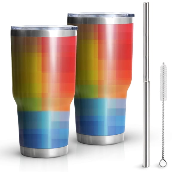 30oz Colorful Rainbow Checkered Pattern Tumblers Stainless Steel Tumbler with Lid and Straw,Vacuum Insulated Double Wall Travel Tumbler Cups Mug with Cleaning Brush for Coffee,Tea