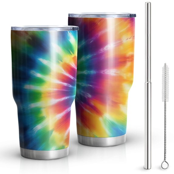 30oz Colorful Rainbow Tie Dye Spiral Pattern Tumblers Stainless Steel Tumbler with Lid and Straw,Vacuum Insulated Double Wall Travel Tumbler Cups Mug with Cleaning Brush for Coffee,Tea