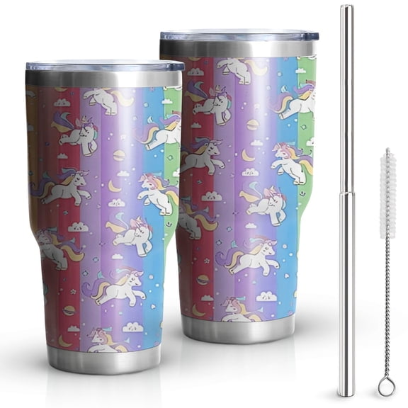 30oz Colorful Stripe Unicorn Pattern Tumblers Stainless Steel Tumbler with Lid and Straw,Vacuum Insulated Double Wall Travel Tumbler Cups Mug with Cleaning Brush for Coffee,Tea