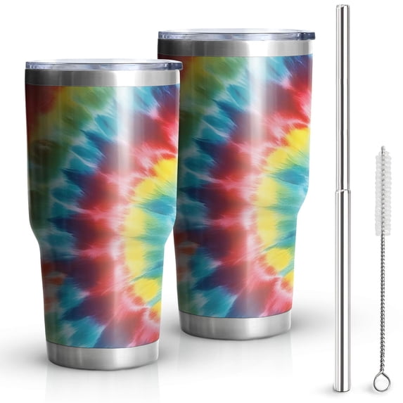 30oz Colorful Tie Dye Pattern Tumblers Stainless Steel Tumbler with Lid and Straw,Vacuum Insulated Double Wall Travel Tumbler Cups Mug with Cleaning Brush for Coffee,Tea
