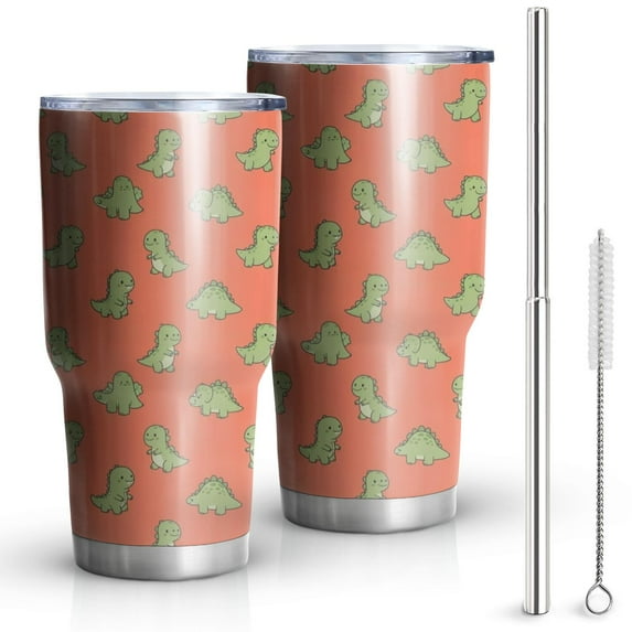 30oz Coral Green Dinosaur Pattern Tumblers Stainless Steel Tumbler with Lid and Straw,Vacuum Insulated Double Wall Travel Tumbler Cups Mug with Cleaning Brush for Coffee,Tea