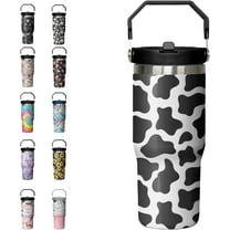 30oz Cow Print Tumbler with Handle Flip Straw Leak Proof Tumbler Cow Coffee Mug with Handle Cute Water Bottle Cow Gifts for Women