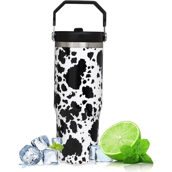 30oz Cow Tumbler With Top Handle- Cow Print Stainless Steel Insulated Tumblers With Lid and Straw-Cow Travel Mug Iced Coffee Cup-Gifts for Women(Black)