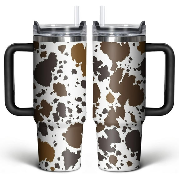 30oz Cow Tumbler With Handle Lid and Straw-Cow Print Stainless Steel Insulated Tumblers-Cow Travel Mug Iced Coffee Cup-Gifts for Women(Brown)