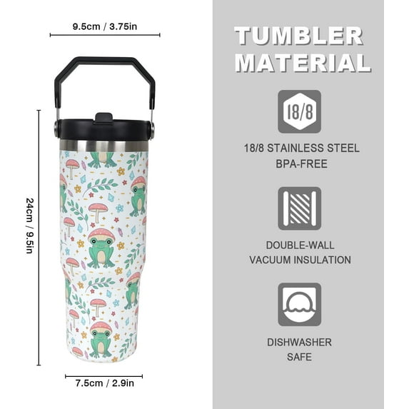 30oz Crown Frog Bottle Spill Proof Tumbler with Top Handle and Straw Lid Stainless Steel Double Wall Insulated Tumbler Coffee Mug Gift for Women Men Travel Cup for Car (Mushroom Frog)