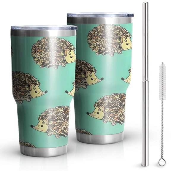 30oz Cute Green Hedgehog Pattern Tumblers Stainless Steel Tumbler with Lid and Straw,Vacuum Insulated Double Wall Travel Tumbler Cups Mug with Cleaning Brush for Coffee,Tea