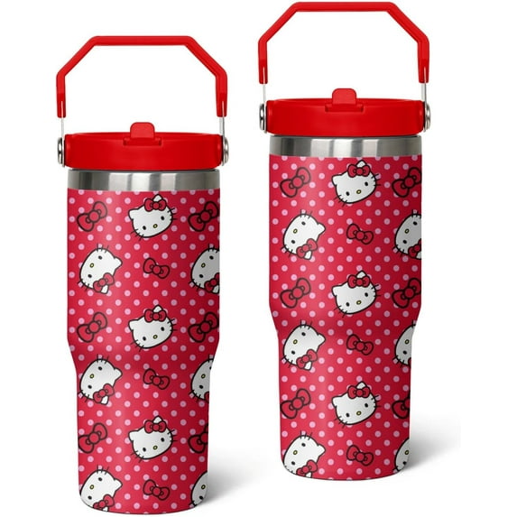 30oz Cute Hello Cat Tumbler with Leak Proof Lid and Straws, Kawaii Stainless Steel Insulated Cup, Travel Coffee Mug Water Bottle, Cute Kity Gifts for Fans