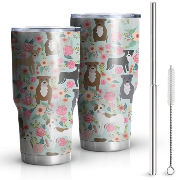 30oz Cute Pitbull Terriers Dog and Flower Tumblers Stainless Steel Tumbler with Lid and Straw,Vacuum Insulated Double Wall Travel Tumbler Cups Mug with Cleaning Brush for Coffee,Tea