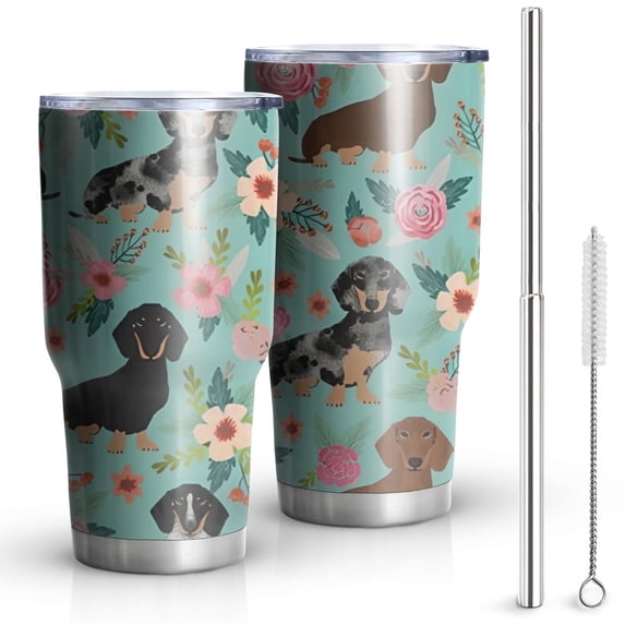 30oz Dachshund and Flower Tumblers Stainless Steel Tumbler with Lid and Straw,Vacuum Insulated Double Wall Travel Tumbler Cups Mug with Cleaning Brush for Coffee,Tea