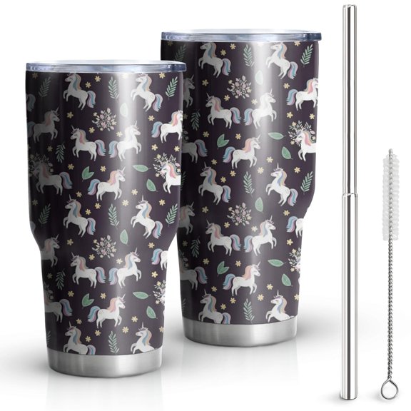 30oz Dark Blue Cartoon Unicorn Flower Leaf Pattern Tumblers Stainless Steel Tumbler with Lid and Straw,Vacuum Insulated Double Wall Travel Tumbler Cups Mug with Cleaning Brush for Coffee,Tea