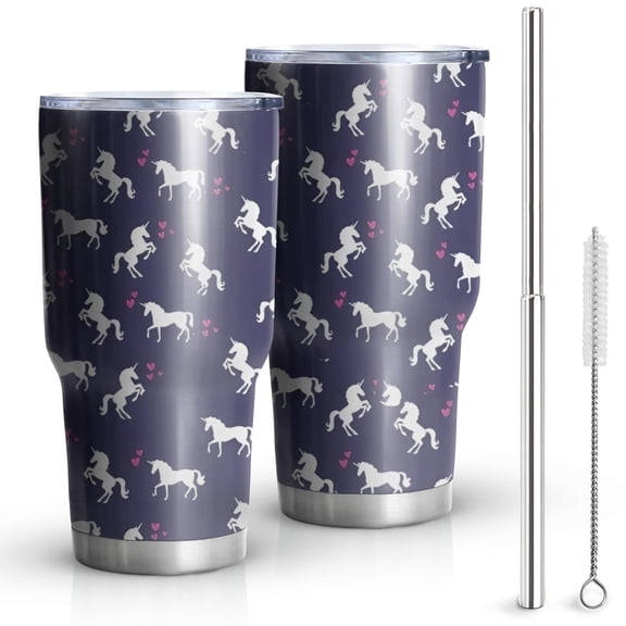 30oz Dark Blue Cartoon Unicorn Heart Pattern Tumblers Stainless Steel Tumbler with Lid and Straw,Vacuum Insulated Double Wall Travel Tumbler Cups Mug with Cleaning Brush for Coffee,Tea