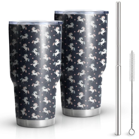 30oz Dark Blue Cartoon Unicorn Heart Pattern Tumblers Stainless Steel Tumbler with Lid and Straw,Vacuum Insulated Double Wall Travel Tumbler Cups Mug with Cleaning Brush for Coffee,Tea