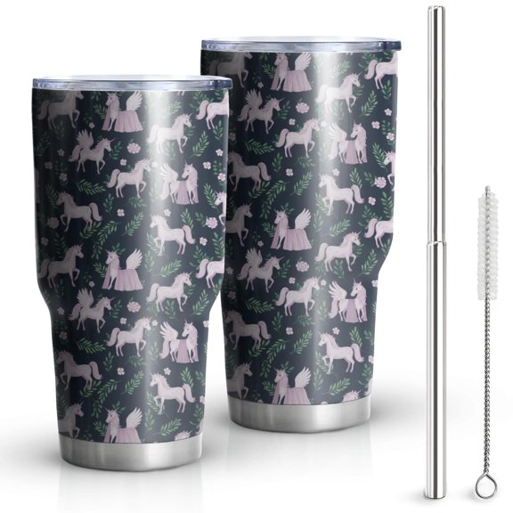 30oz Dark Blue Cartoon Unicorn Leaf Pattern Tumblers Stainless Steel Tumbler with Lid and Straw,Vacuum Insulated Double Wall Travel Tumbler Cups Mug with Cleaning Brush for Coffee,Tea