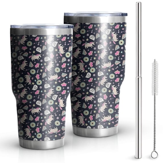 30oz Dark Blue Cartoon Unicorn Pattern Tumblers Stainless Steel Tumbler with Lid and Straw,Vacuum Insulated Double Wall Travel Tumbler Cups Mug with Cleaning Brush for Coffee,Tea