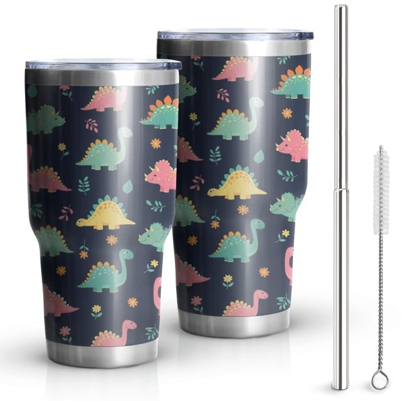 30oz Dark Blue Colorful Dinosaur and Flower Pattern Tumblers Stainless Steel Tumbler with Lid and Straw,Vacuum Insulated Double Wall Travel Tumbler Cups Mug with Cleaning Brush for Coffee,Tea