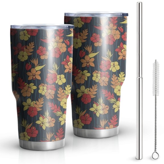 30oz Dark Blue Daisy Flower Pattern Tumblers Stainless Steel Tumbler with Lid and Straw,Vacuum Insulated Double Wall Travel Tumbler Cups Mug with Cleaning Brush for Coffee,Tea