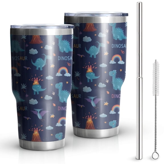 30oz Dark Blue Dinosaur Volcano Pattern Tumblers Stainless Steel Tumbler with Lid and Straw,Vacuum Insulated Double Wall Travel Tumbler Cups Mug with Cleaning Brush for Coffee,Tea