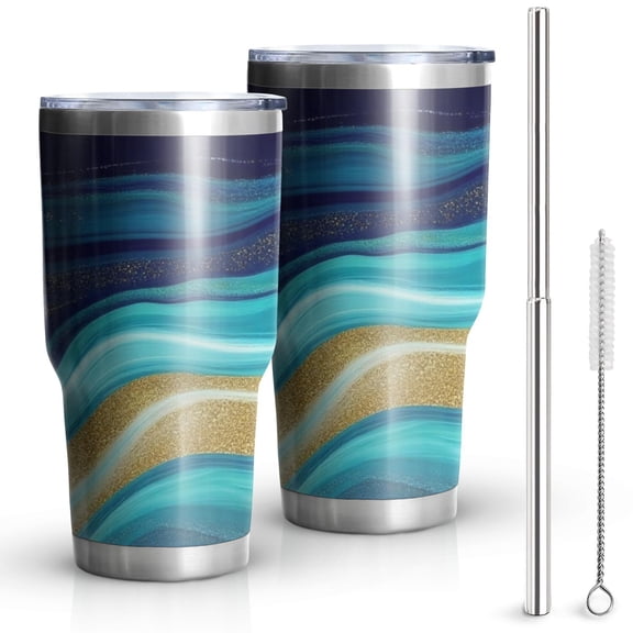 30oz Dark Blue Marble Gold Line Pattern Tumblers Stainless Steel Tumbler with Lid and Straw,Vacuum Insulated Double Wall Travel Tumbler Cups Mug with Cleaning Brush for Coffee,Tea
