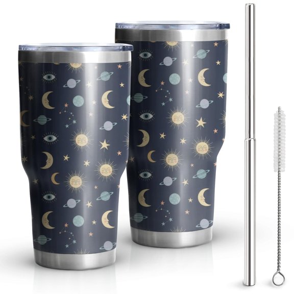 30oz Dark Blue Sun Moon Star Eye Planet Pattern Tumblers Stainless Steel Tumbler with Lid and Straw,Vacuum Insulated Double Wall Travel Tumbler Cups Mug with Cleaning Brush for Coffee,Tea