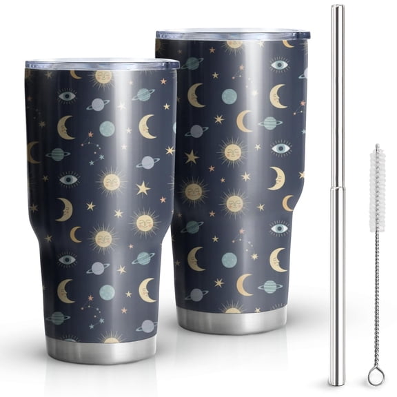 30oz Dark Blue Sun Moon Star Eye Planet Pattern Tumblers Stainless Steel Tumbler with Lid and Straw,Vacuum Insulated Double Wall Travel Tumbler Cups Mug with Cleaning Brush for Coffee,Tea