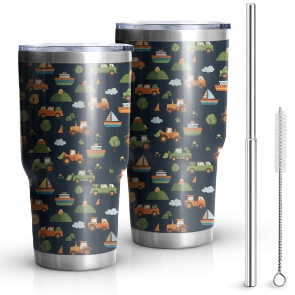 30oz Dark Blue Tractor Boat Car Pattern Tumblers Stainless Steel Tumbler with Lid and Straw,Vacuum Insulated Double Wall Travel Tumbler Cups Mug with Cleaning Brush for Coffee,Tea