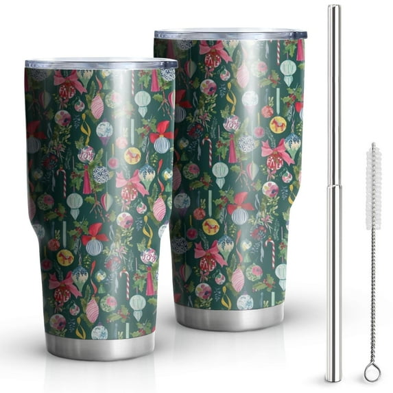 30oz Dark Green Christmas Ornament Pattern Tumblers Stainless Steel Tumbler with Lid and Straw,Vacuum Insulated Double Wall Travel Tumbler Cups Mug with Cleaning Brush for Coffee,Tea