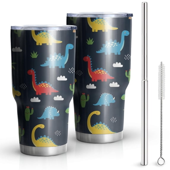 30oz DarkBlue Dinosaurs Clouds Palms Pattern Tumblers Stainless Steel Tumbler with Lid and Straw,Vacuum Insulated Double Wall Travel Tumbler Cups Mug with Cleaning Brush for Coffee,Tea