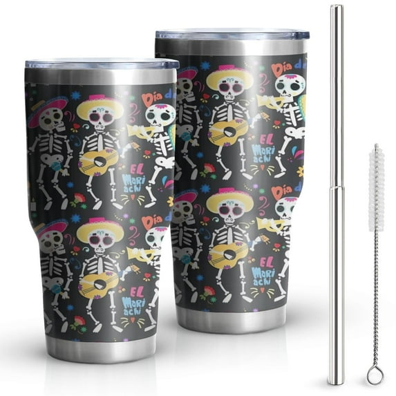 30oz Day Of the Dead Halloween Pattern Tumblers Stainless Steel Tumbler with Lid and Straw,Vacuum Insulated Double Wall Travel Tumbler Cups Mug with Cleaning Brush for Coffee,Tea